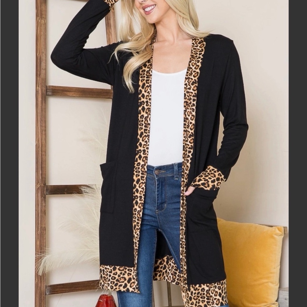 Women's Black Cardigan with Leopard Trim